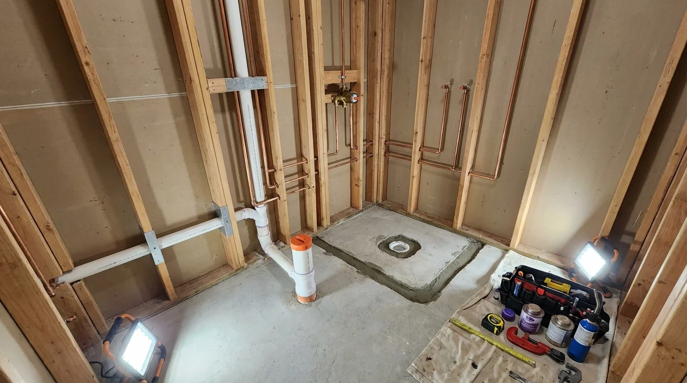 Bathroom rough-in plumbing during remodel by Johns Plumbing LLC in Towner