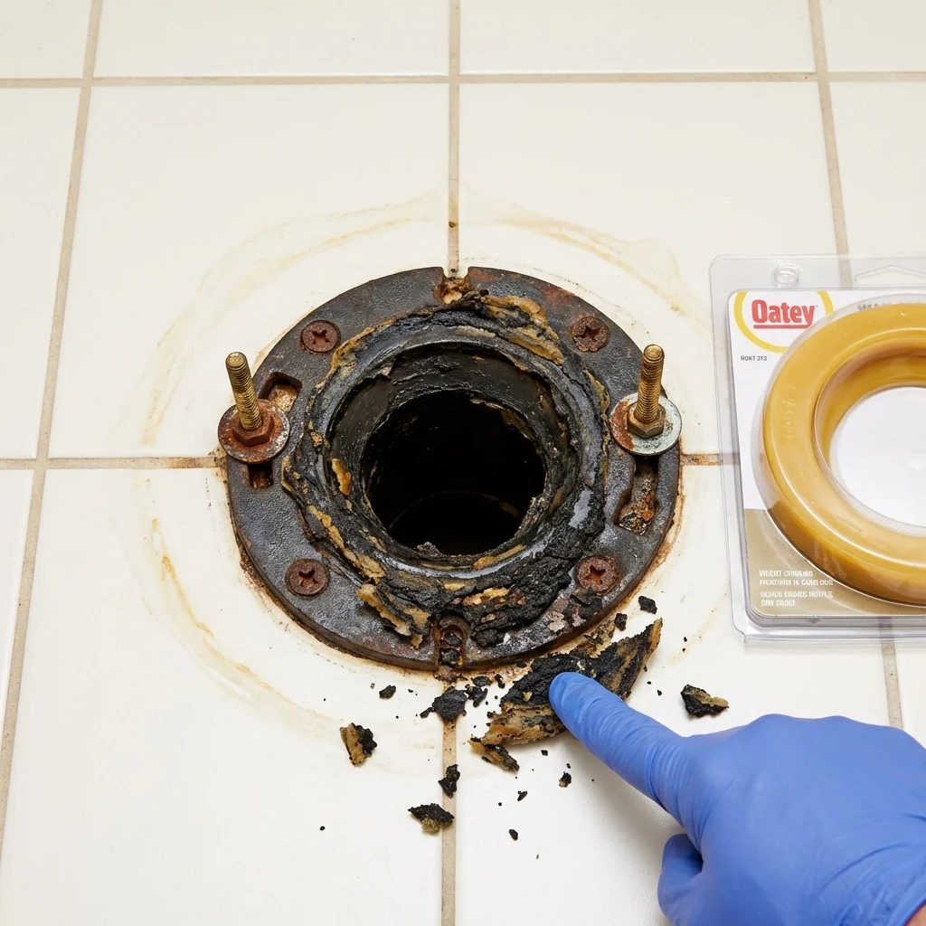 Failed wax ring showing water seepage at the base of a toilet in a Towner, ND home