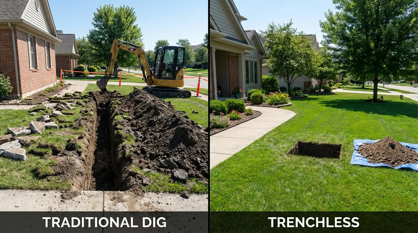 Trenchless sewer repair with minimal yard damage versus traditional excavation in Towner, ND